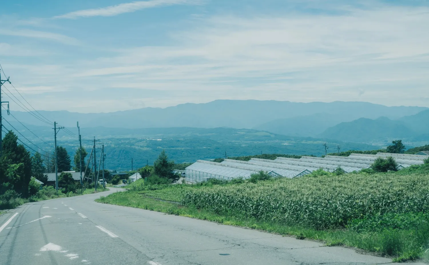 広がる田園風景と山々を眺めながら走る軽井沢の田舎道